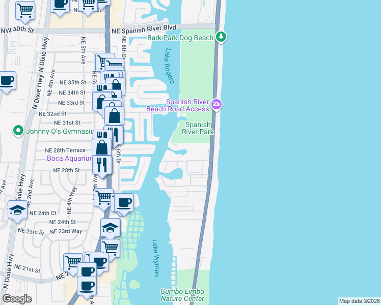 map of restaurants, bars, coffee shops, grocery stores, and more near 2871 North Ocean Boulevard in Boca Raton