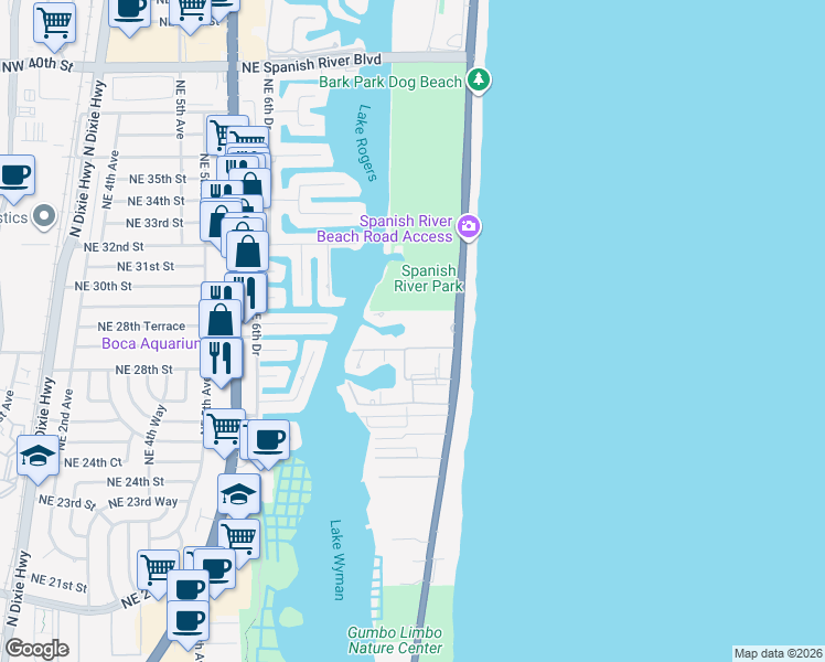 map of restaurants, bars, coffee shops, grocery stores, and more near 2871 North Ocean Boulevard in Boca Raton