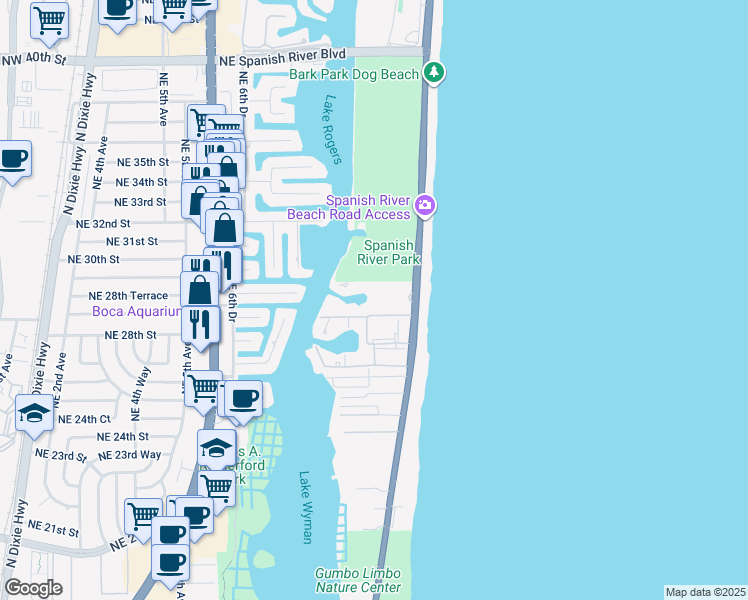 map of restaurants, bars, coffee shops, grocery stores, and more near 2871 North Ocean Boulevard in Boca Raton