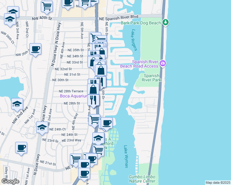 map of restaurants, bars, coffee shops, grocery stores, and more near 701 Marine Drive in Boca Raton