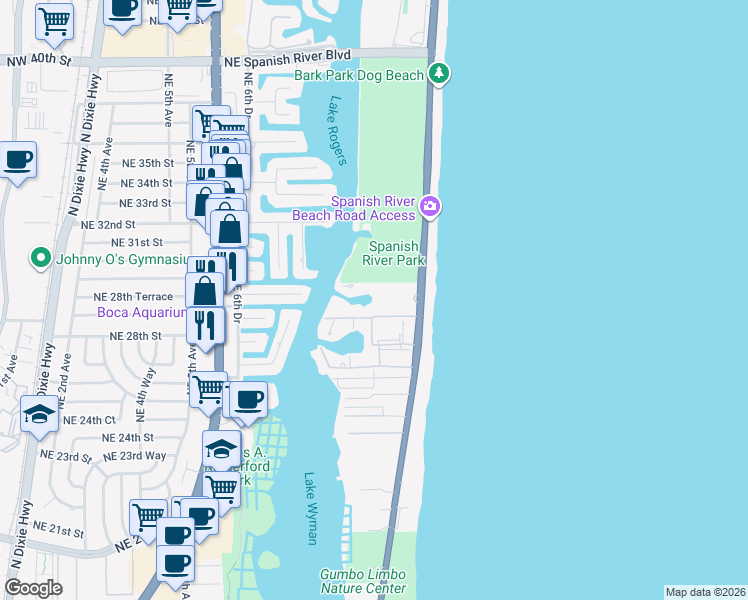 map of restaurants, bars, coffee shops, grocery stores, and more near 2871 North Ocean Boulevard in Boca Raton
