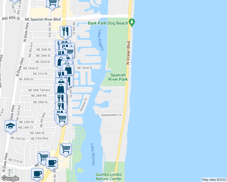 map of restaurants, bars, coffee shops, grocery stores, and more near 2871 North Ocean Boulevard in Boca Raton