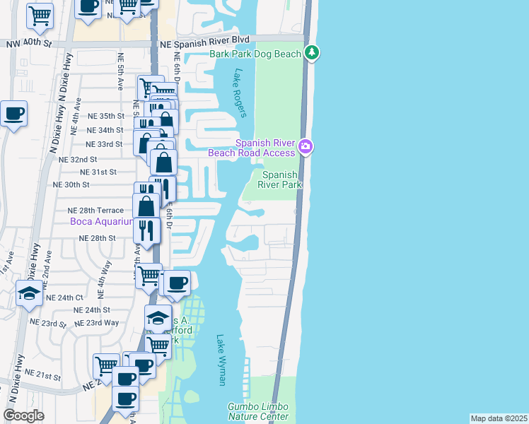 map of restaurants, bars, coffee shops, grocery stores, and more near 2871 North Ocean Boulevard in Boca Raton