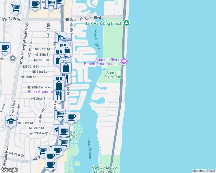 map of restaurants, bars, coffee shops, grocery stores, and more near 2871 North Ocean Boulevard in Boca Raton