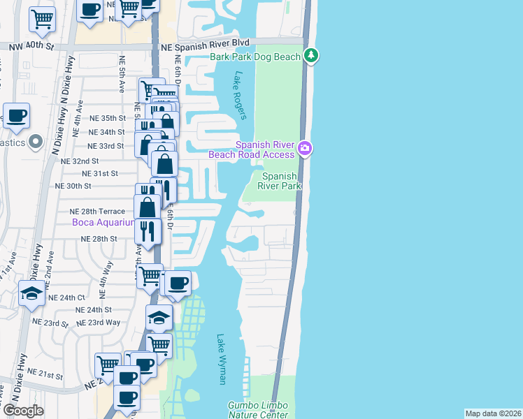 map of restaurants, bars, coffee shops, grocery stores, and more near 2871 North Ocean Boulevard in Boca Raton