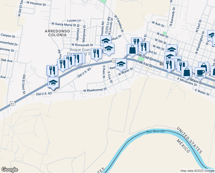 map of restaurants, bars, coffee shops, grocery stores, and more near 210 South Cox Street in Rio Grande City