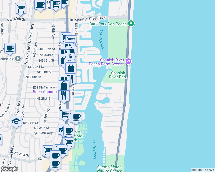 map of restaurants, bars, coffee shops, grocery stores, and more near 2871 North Ocean Boulevard in Boca Raton