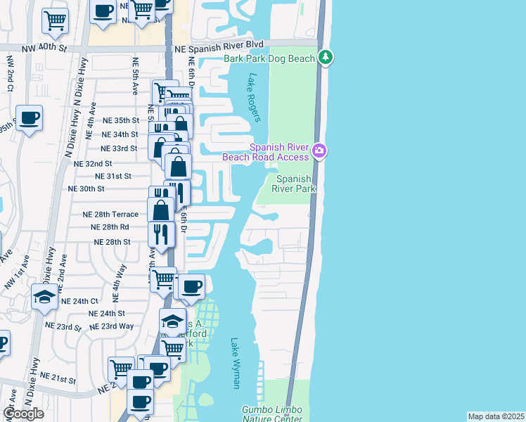 map of restaurants, bars, coffee shops, grocery stores, and more near 2934 NE 8th Ave in Boca Raton