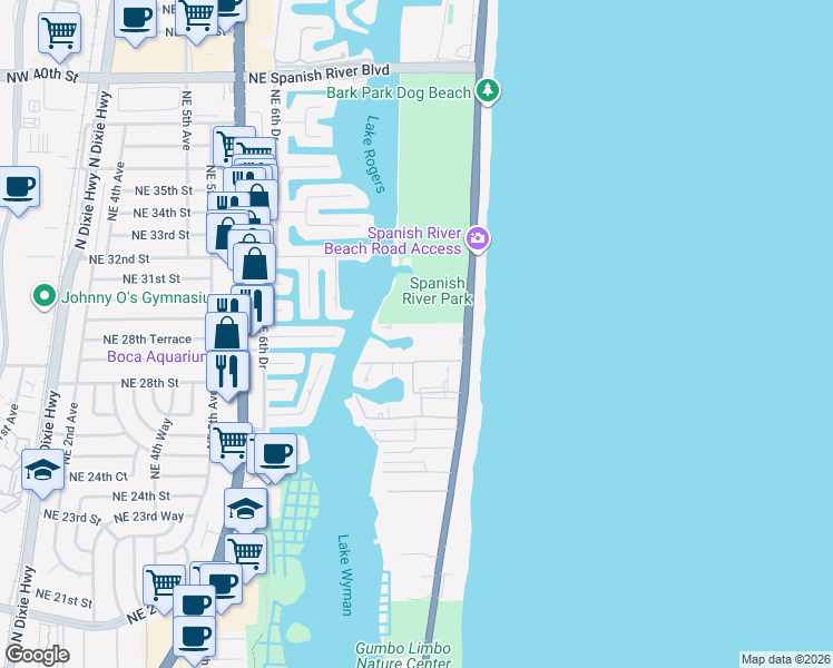 map of restaurants, bars, coffee shops, grocery stores, and more near 2871 North Ocean Boulevard in Boca Raton