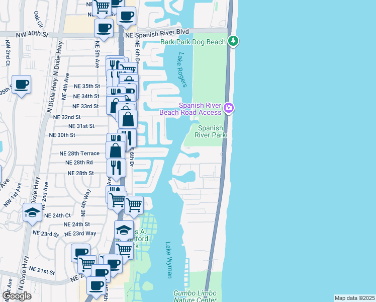 map of restaurants, bars, coffee shops, grocery stores, and more near 2934 NE 8th Ave in Boca Raton