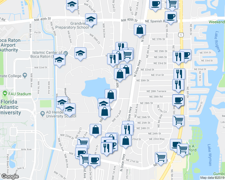 map of restaurants, bars, coffee shops, grocery stores, and more near 2900 Olivewood Terrace in Boca Raton