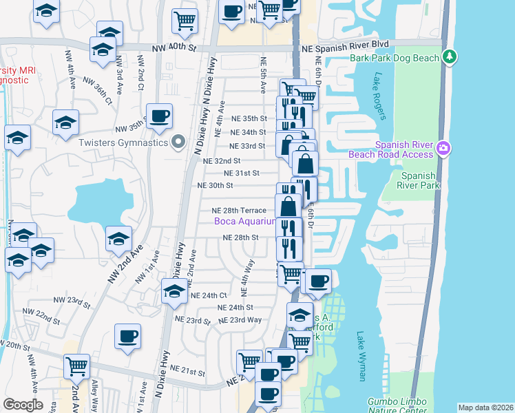 map of restaurants, bars, coffee shops, grocery stores, and more near 426 Northeast 29th Street in Boca Raton