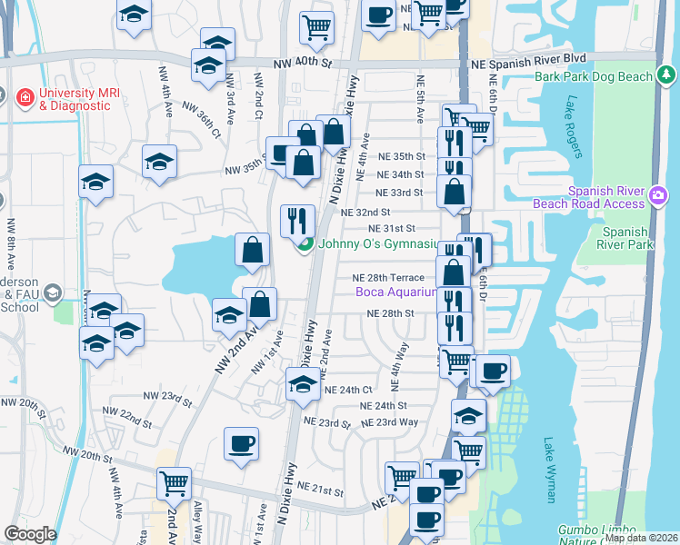 map of restaurants, bars, coffee shops, grocery stores, and more near 232 Northeast 29th Street in Boca Raton