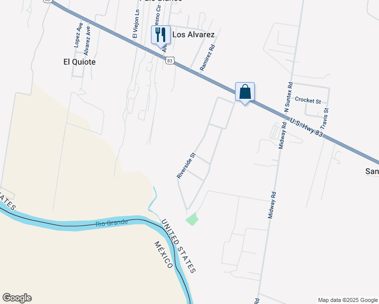 map of restaurants, bars, coffee shops, grocery stores, and more near 1766 Riverside Street in Rio Grande City