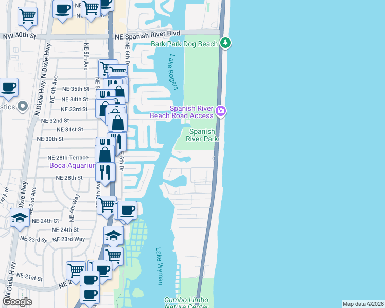 map of restaurants, bars, coffee shops, grocery stores, and more near 2871 North Ocean Boulevard in Boca Raton