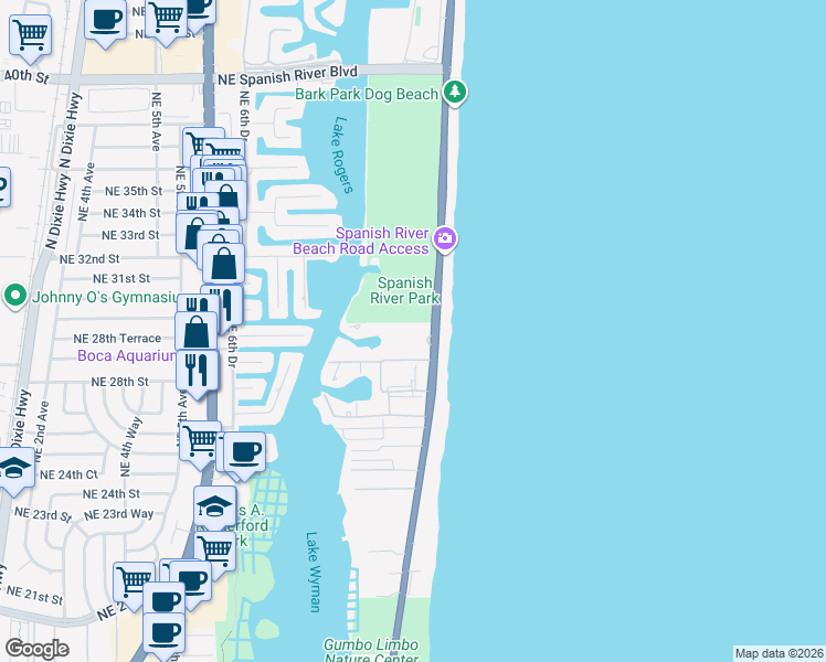 map of restaurants, bars, coffee shops, grocery stores, and more near 2871 North Ocean Boulevard in Boca Raton