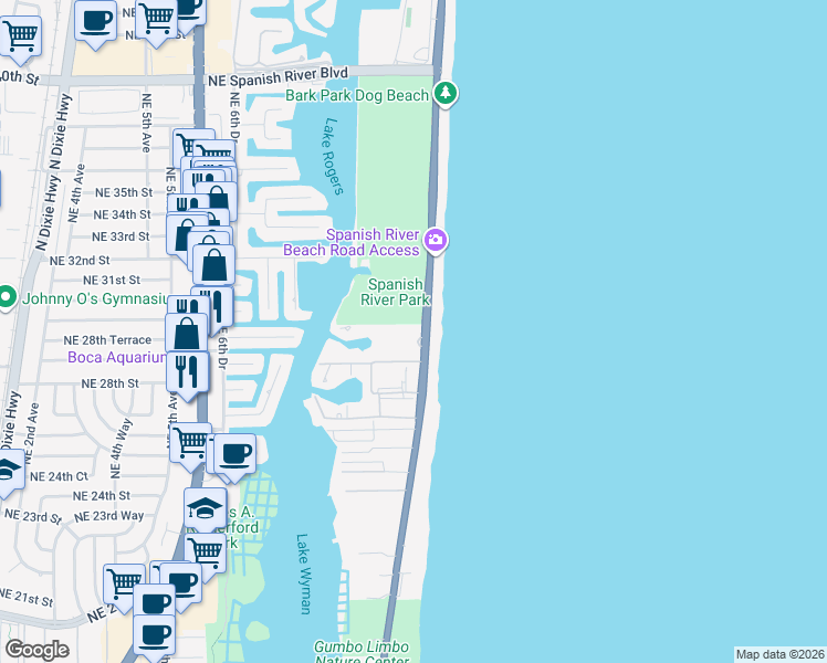 map of restaurants, bars, coffee shops, grocery stores, and more near 2871 North Ocean Boulevard in Boca Raton