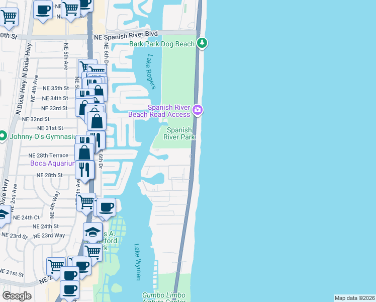 map of restaurants, bars, coffee shops, grocery stores, and more near 2871 North Ocean Boulevard in Boca Raton