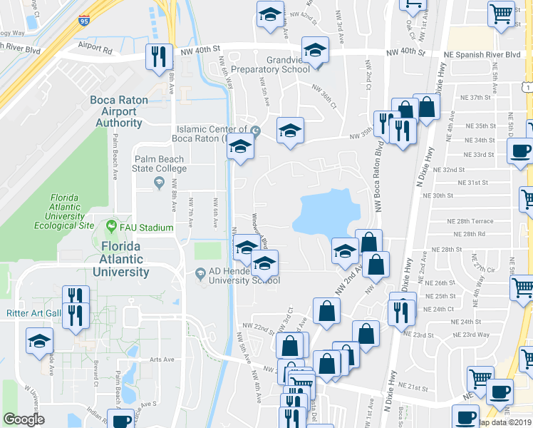 map of restaurants, bars, coffee shops, grocery stores, and more near 488 Hardwood Place in Boca Raton