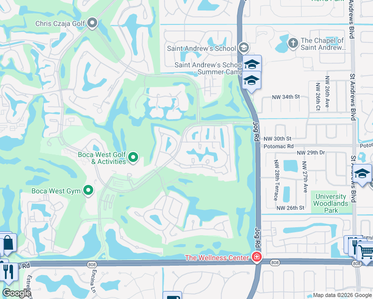 map of restaurants, bars, coffee shops, grocery stores, and more near 20375 Boca West Drive in Boca Raton
