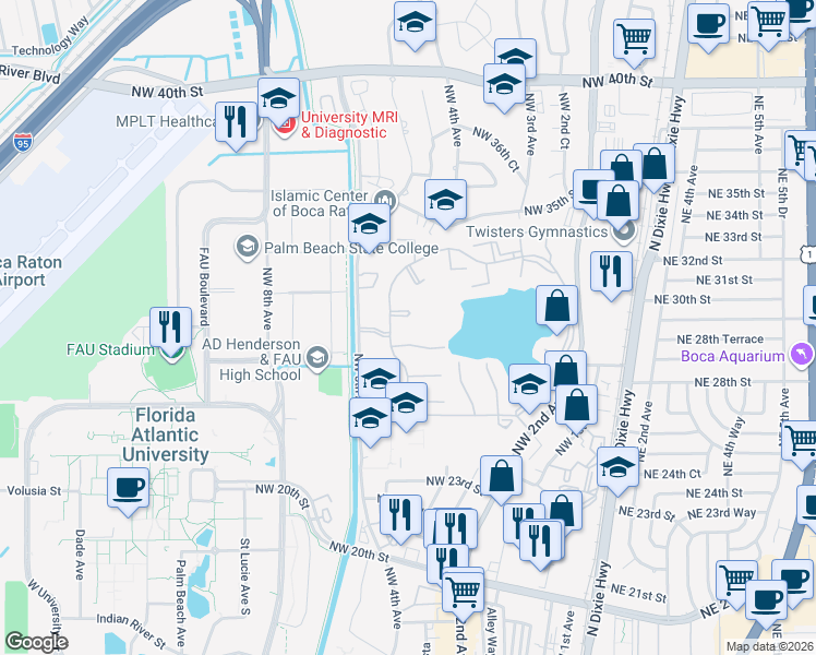 map of restaurants, bars, coffee shops, grocery stores, and more near 488 Hardwood Place in Boca Raton