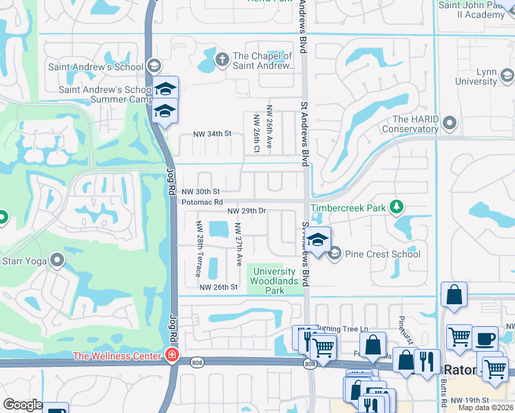 map of restaurants, bars, coffee shops, grocery stores, and more near 2625 Northwest 29th Drive in Boca Raton