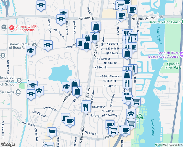 map of restaurants, bars, coffee shops, grocery stores, and more near 2884 North Dixie Highway in Boca Raton