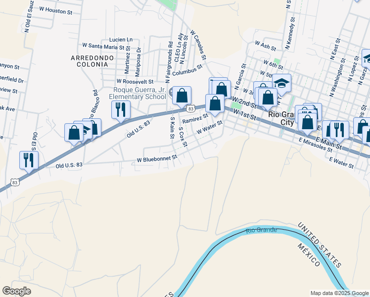 map of restaurants, bars, coffee shops, grocery stores, and more near 210 South Cox Street in Rio Grande City