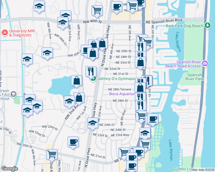 map of restaurants, bars, coffee shops, grocery stores, and more near 232 NE 29th St in Boca Raton