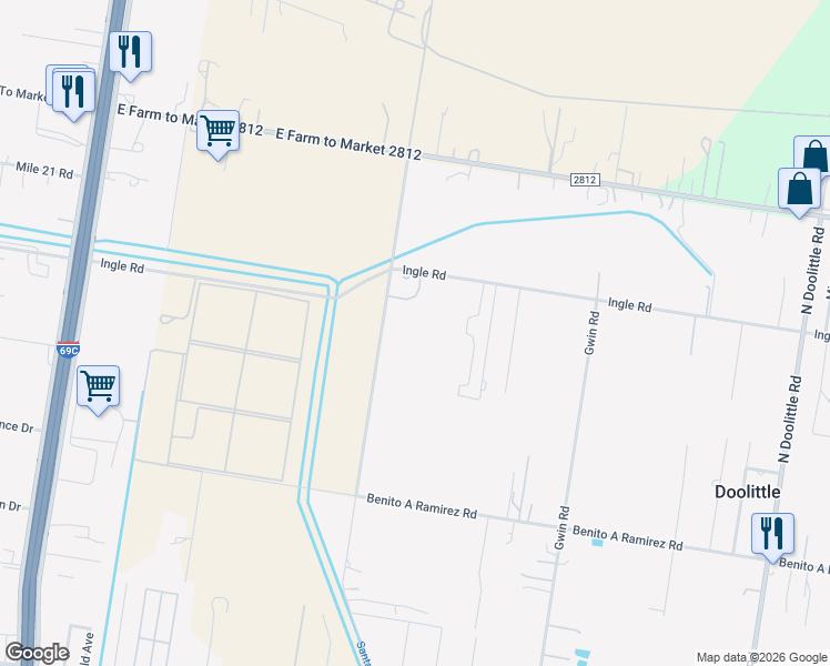 map of restaurants, bars, coffee shops, grocery stores, and more near 2550 Jasman Road in Edinburg