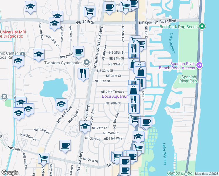 map of restaurants, bars, coffee shops, grocery stores, and more near 320 Northeast 29th Street in Boca Raton