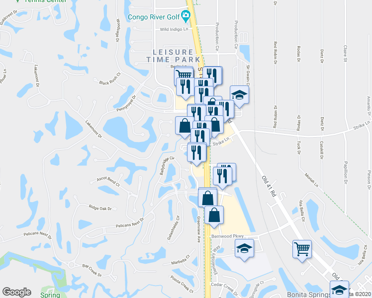 map of restaurants, bars, coffee shops, grocery stores, and more near 24870 Burnt Pine Drive in Bonita Springs