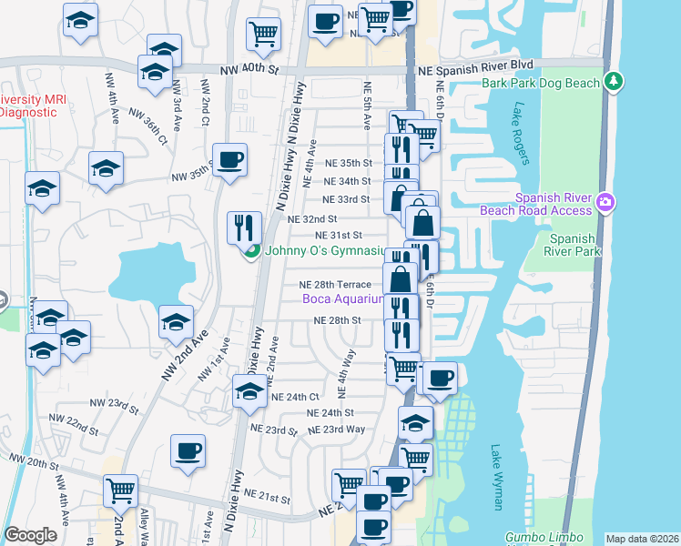 map of restaurants, bars, coffee shops, grocery stores, and more near 366 Northeast 29th Street in Boca Raton