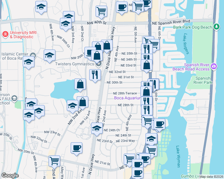 map of restaurants, bars, coffee shops, grocery stores, and more near 232 Northeast 29th Street in Boca Raton