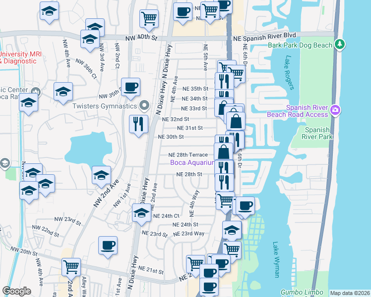 map of restaurants, bars, coffee shops, grocery stores, and more near 320 Northeast 29th Street in Boca Raton