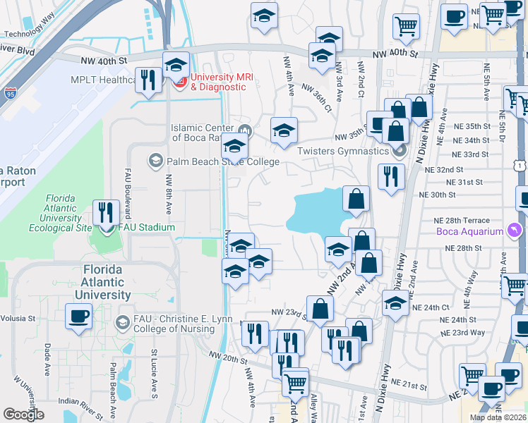 map of restaurants, bars, coffee shops, grocery stores, and more near 488 Hardwood Place in Boca Raton