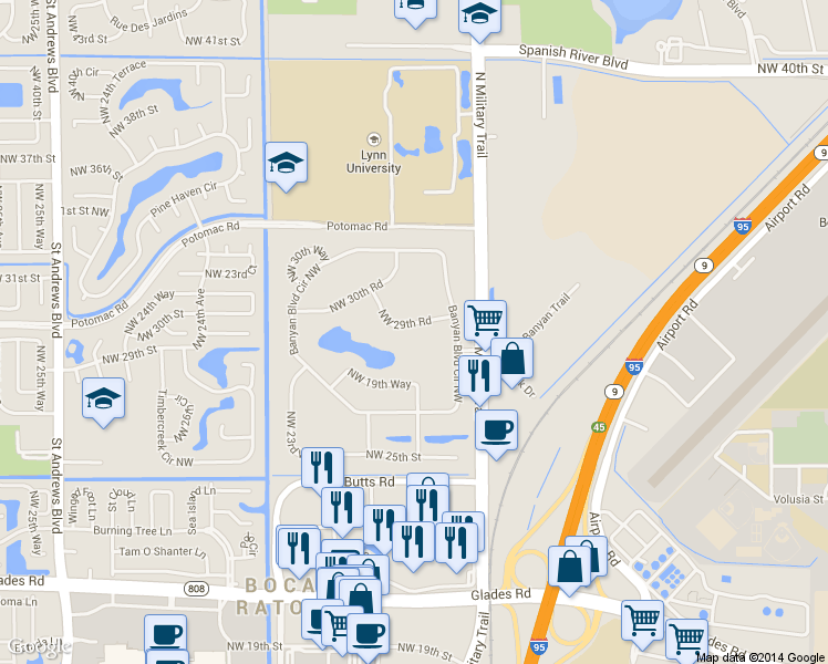 map of restaurants, bars, coffee shops, grocery stores, and more near 2046 Northwest 29th Road in Boca Raton