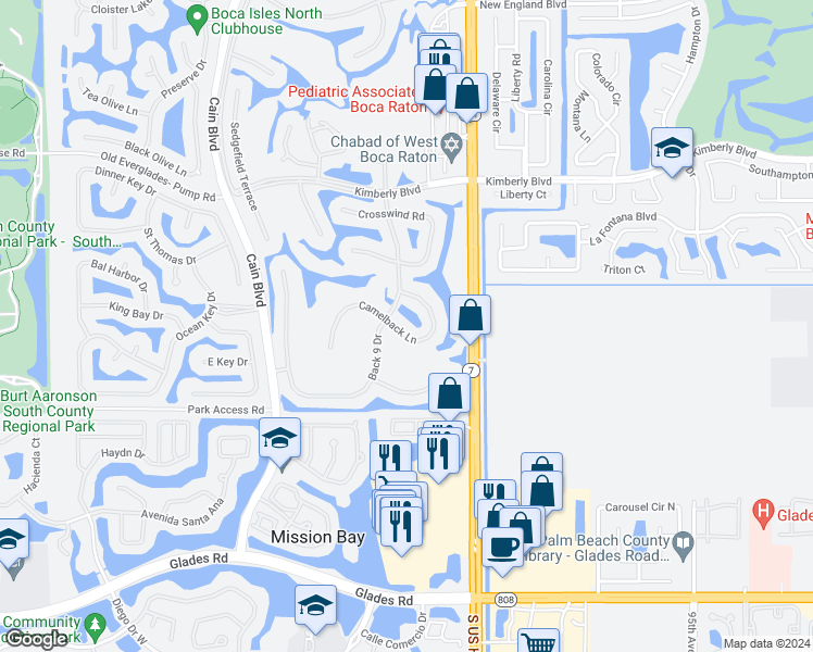 map of restaurants, bars, coffee shops, grocery stores, and more near 10204 Camelback Lane in Boca Raton