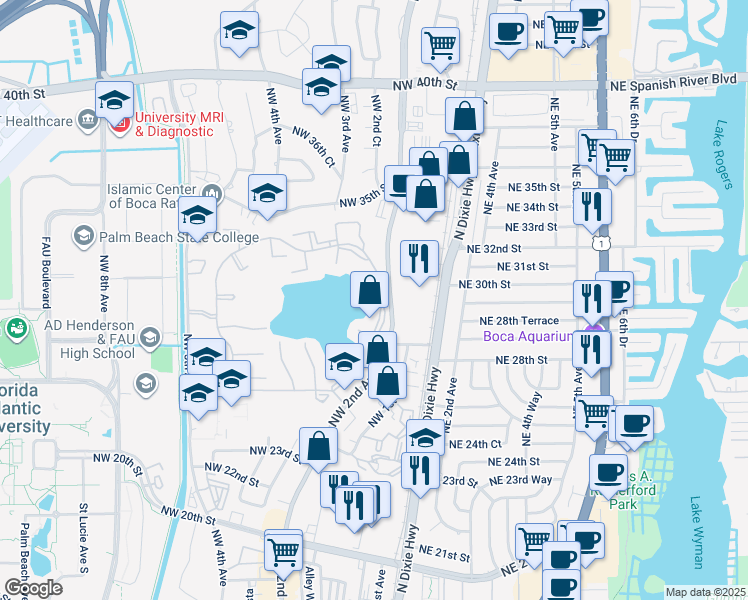map of restaurants, bars, coffee shops, grocery stores, and more near 2900 Olivewood Terrace in Boca Raton