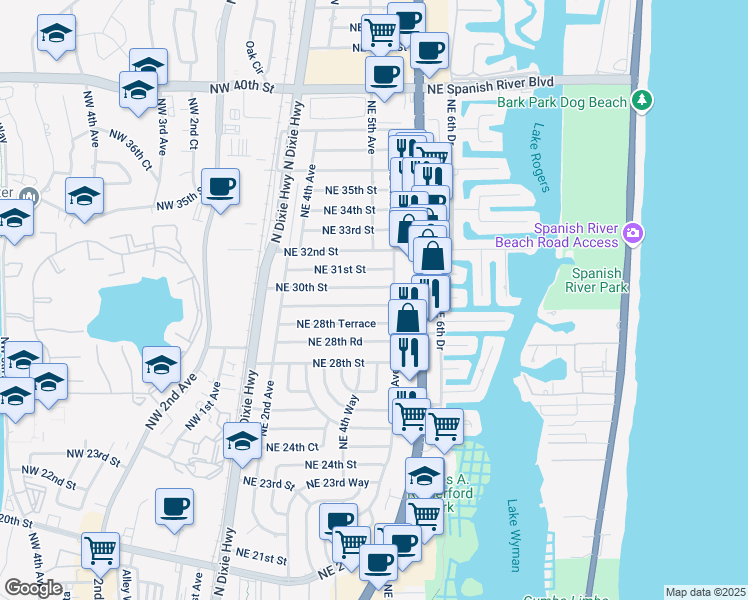 map of restaurants, bars, coffee shops, grocery stores, and more near 426 Northeast 29th Street in Boca Raton