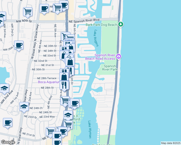 map of restaurants, bars, coffee shops, grocery stores, and more near 2934 Northeast 8th Avenue in Boca Raton