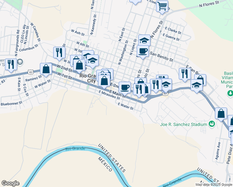 map of restaurants, bars, coffee shops, grocery stores, and more near 423 East Main Street in Rio Grande City