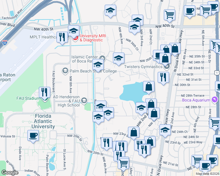 map of restaurants, bars, coffee shops, grocery stores, and more near 488 Hardwood Place in Boca Raton