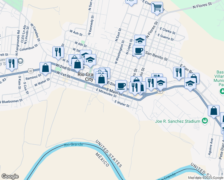 map of restaurants, bars, coffee shops, grocery stores, and more near 423 East Main Street in Rio Grande City