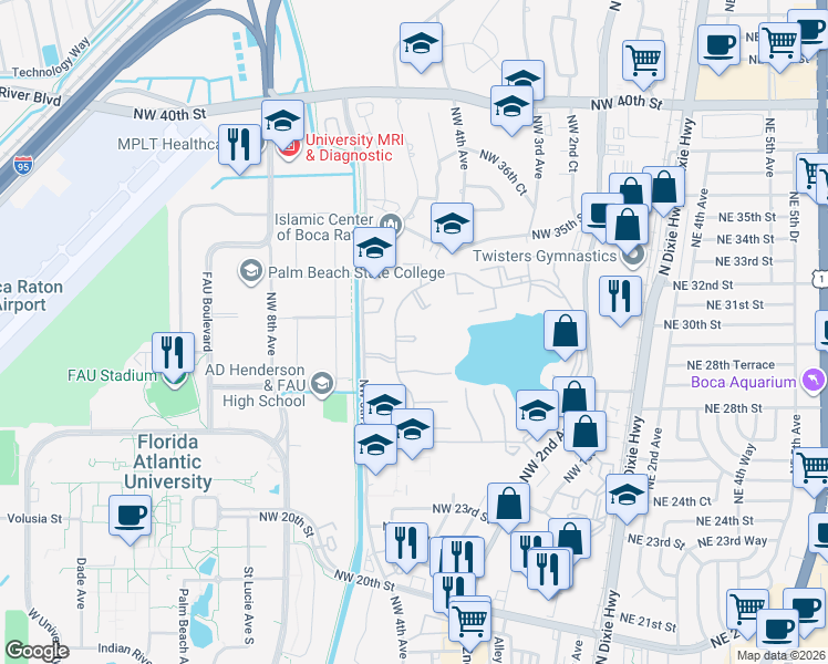 map of restaurants, bars, coffee shops, grocery stores, and more near 475 Hardwood Place in Boca Raton