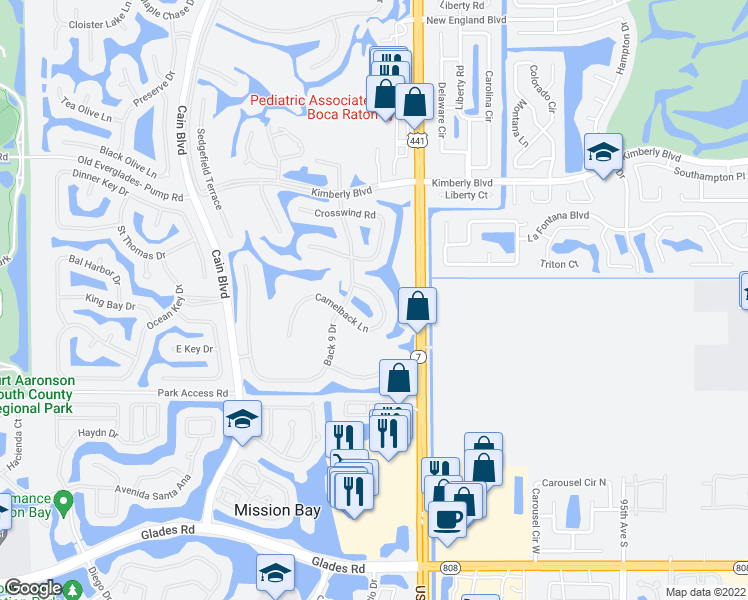 map of restaurants, bars, coffee shops, grocery stores, and more near 10098 Camelback Lane in Boca Raton