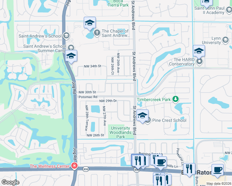 map of restaurants, bars, coffee shops, grocery stores, and more near 2625 Northwest 29th Drive in Boca Raton