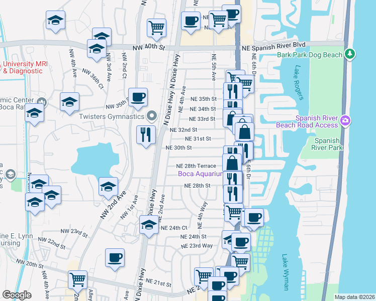 map of restaurants, bars, coffee shops, grocery stores, and more near 320 Northeast 29th Street in Boca Raton