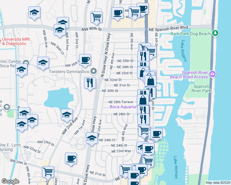 map of restaurants, bars, coffee shops, grocery stores, and more near 320 Northeast 29th Street in Boca Raton