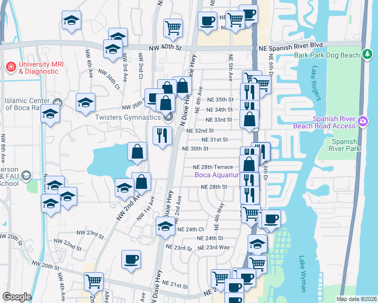 map of restaurants, bars, coffee shops, grocery stores, and more near 232 Northeast 29th Street in Boca Raton